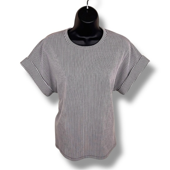 XS Express White Black Belted Striped Top Short Cuffed Sleeve Stretch Classic - Picture 1 of 12